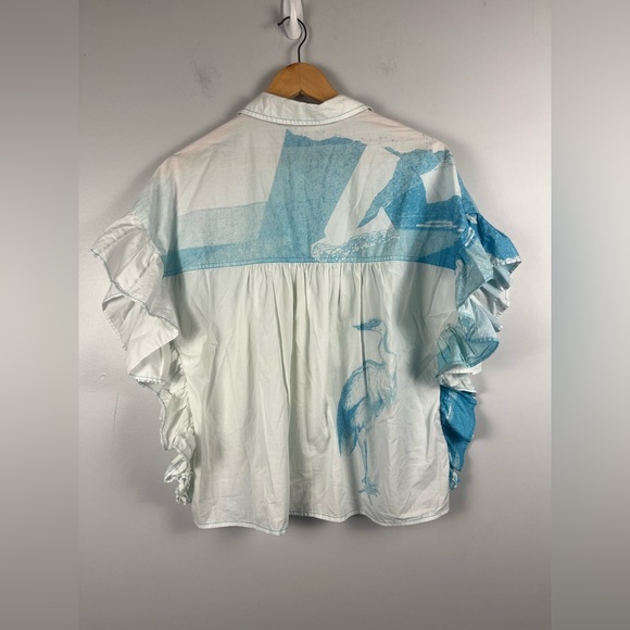 Anne Guest Pilcro Anthropologie Cyanotype Ruffle-Sleeve Buttondown Blouse size S - Picture 7 of 7